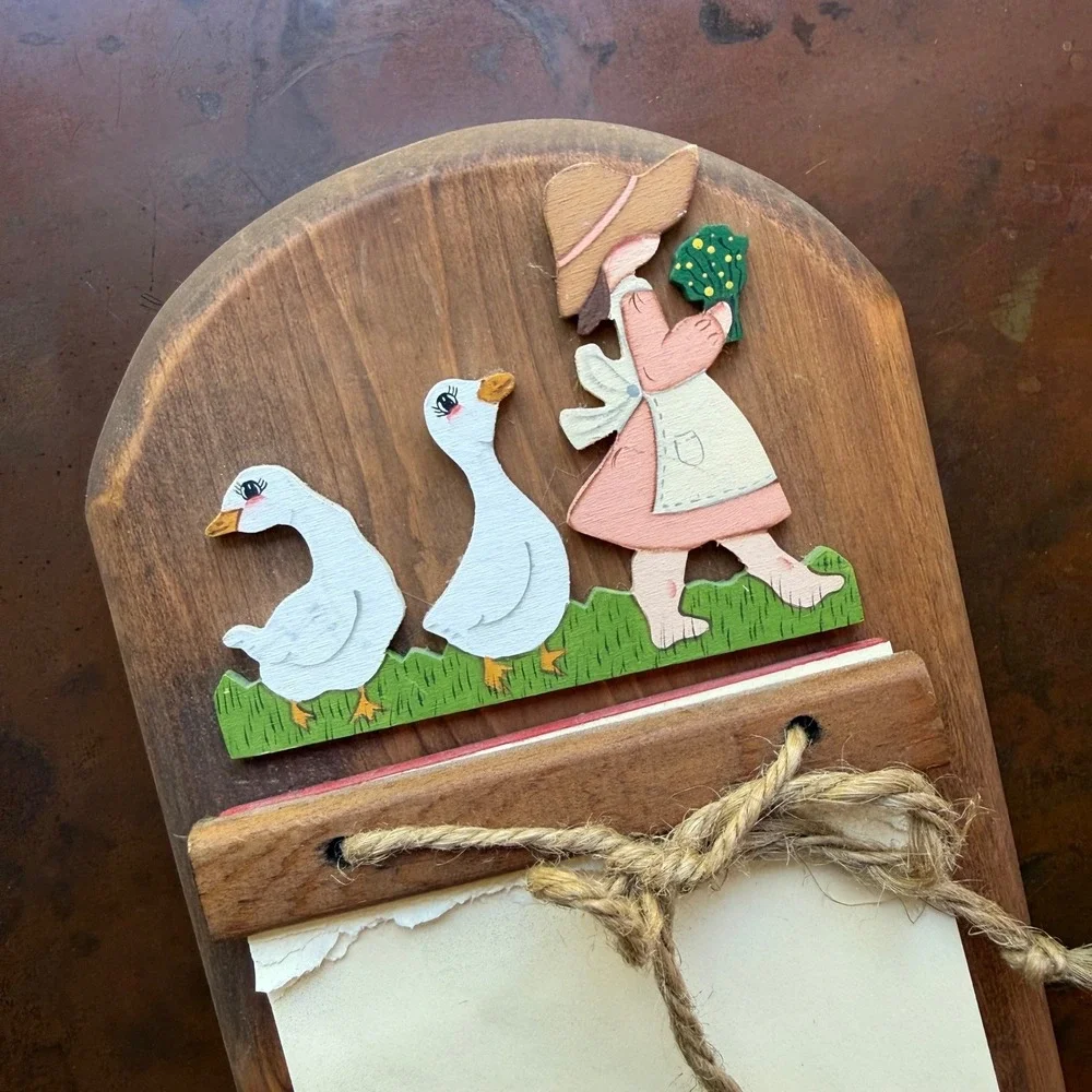 Vtg 90s Goose Wooden Note Board Key Rack Farmhouse Kitchen Country Girl Geese